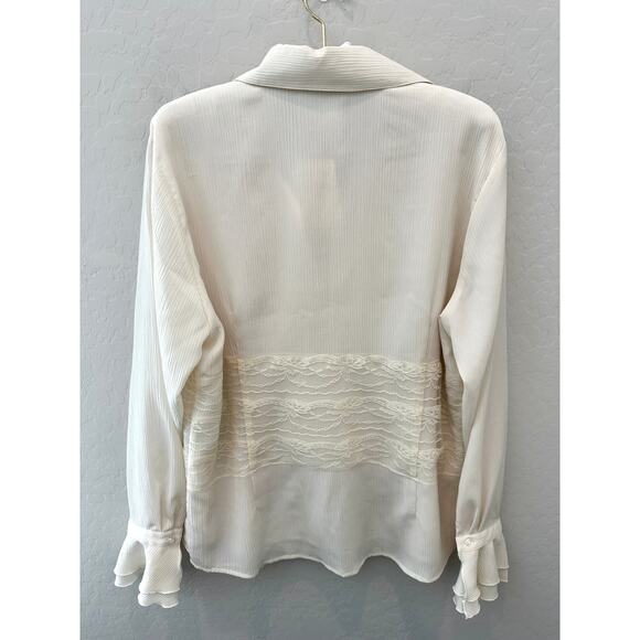 COLDWATER CREEK | Cream Lace Trim Blouse Sheer Ruffle Cuffs Romantic Top | Large - Picture 4 of 8